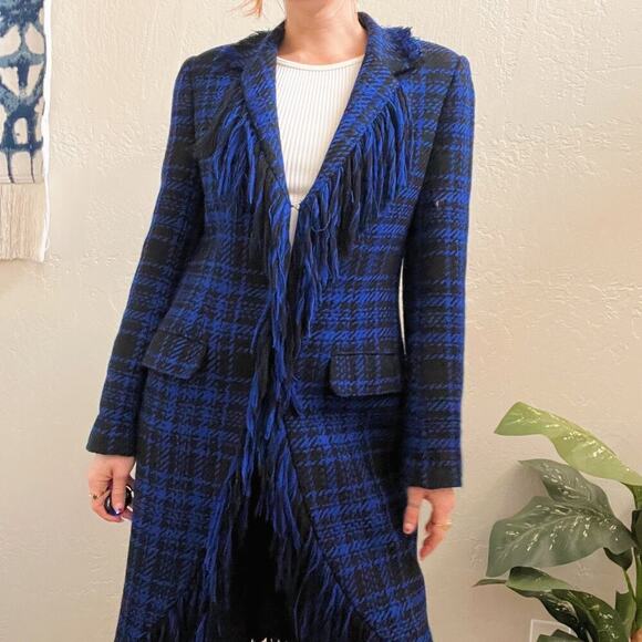 Vintage 100% Wool Blue Plaid Fringe Longline Blazer Jacket Coat - Picture 1 of 8